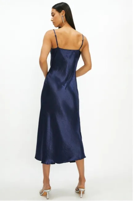 Shiny Satin Cowl Neck Spaghetti Slip Midi Evening Dress