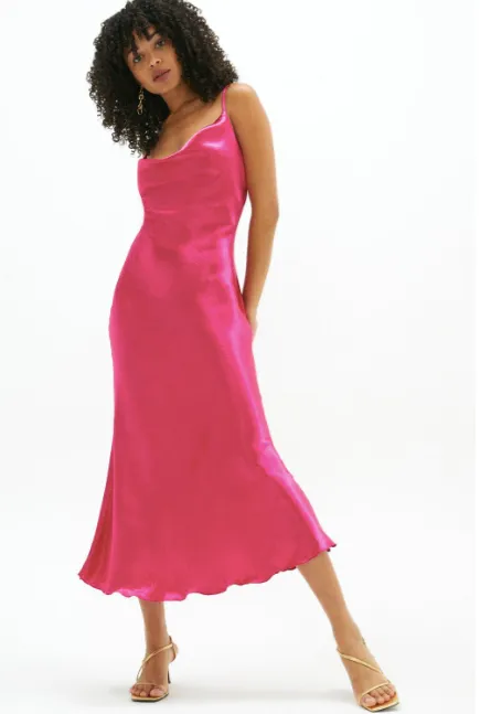 Shiny Satin Cowl Neck Spaghetti Slip Midi Evening Dress