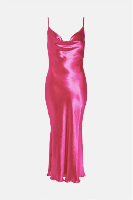 Shiny Satin Cowl Neck Spaghetti Slip Midi Evening Dress