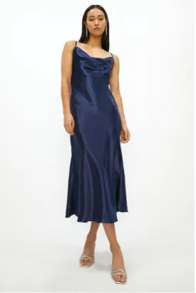 Shiny Satin Cowl Neck Spaghetti Slip Midi Evening Dress