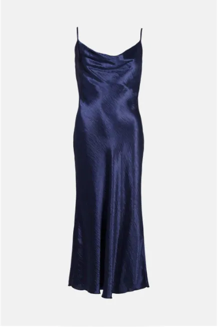 Shiny Satin Cowl Neck Spaghetti Slip Midi Evening Dress