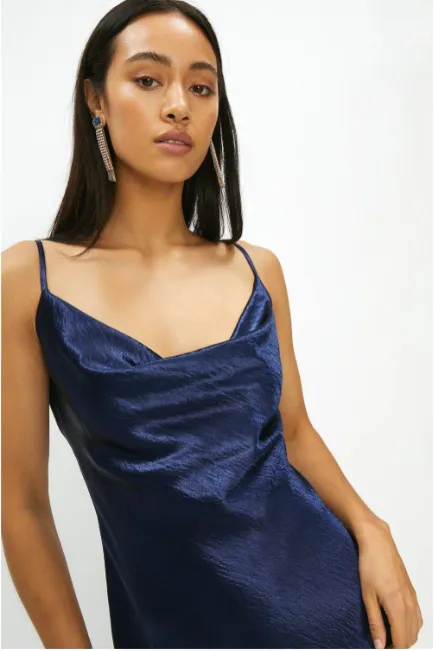 Shiny Satin Cowl Neck Spaghetti Slip Midi Evening Dress