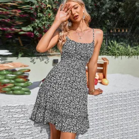 Spaghetti Print Floral Mini Slip Casual Dress