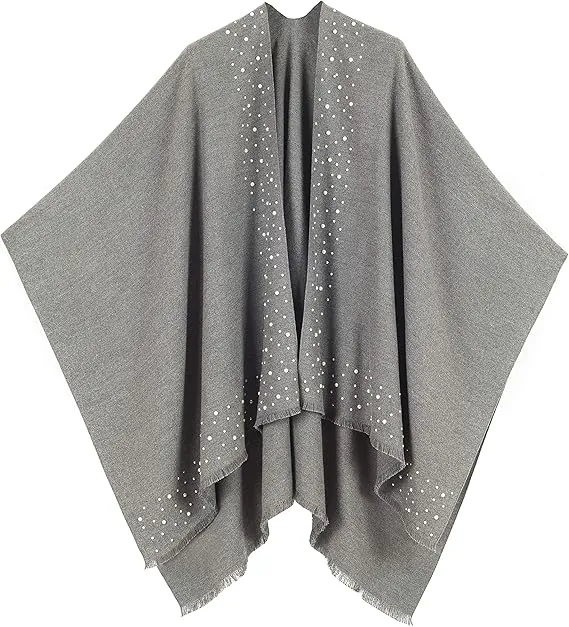 Turquoise-Gray Luxurious Knit Sweater Poncho Cardigan