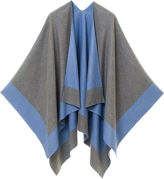 Turquoise-Gray Luxurious Knit Sweater Poncho Cardigan