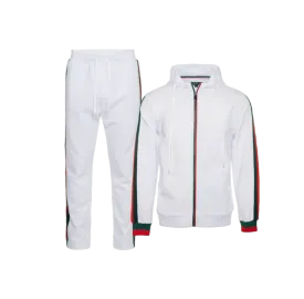 White Men's Jogging Set with Hoodies Red and Green Strip Luxury Style