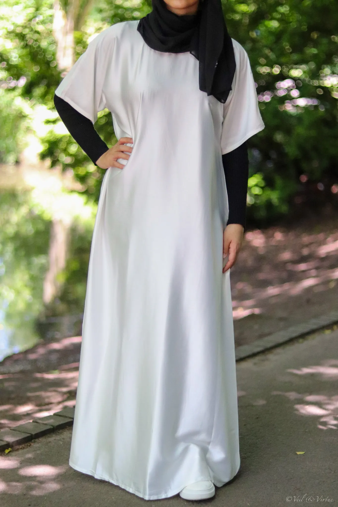 White Short-Sleeved Satin Abaya Slip Dress