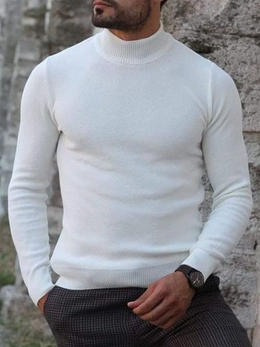 White Versatile Turtleneck Knitted Pullover Sweater 56332429D