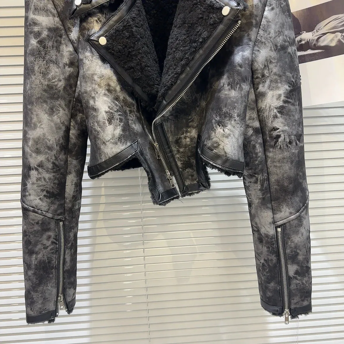 Women's Cropped Faux Leather Teddy Fur Moto Jacket