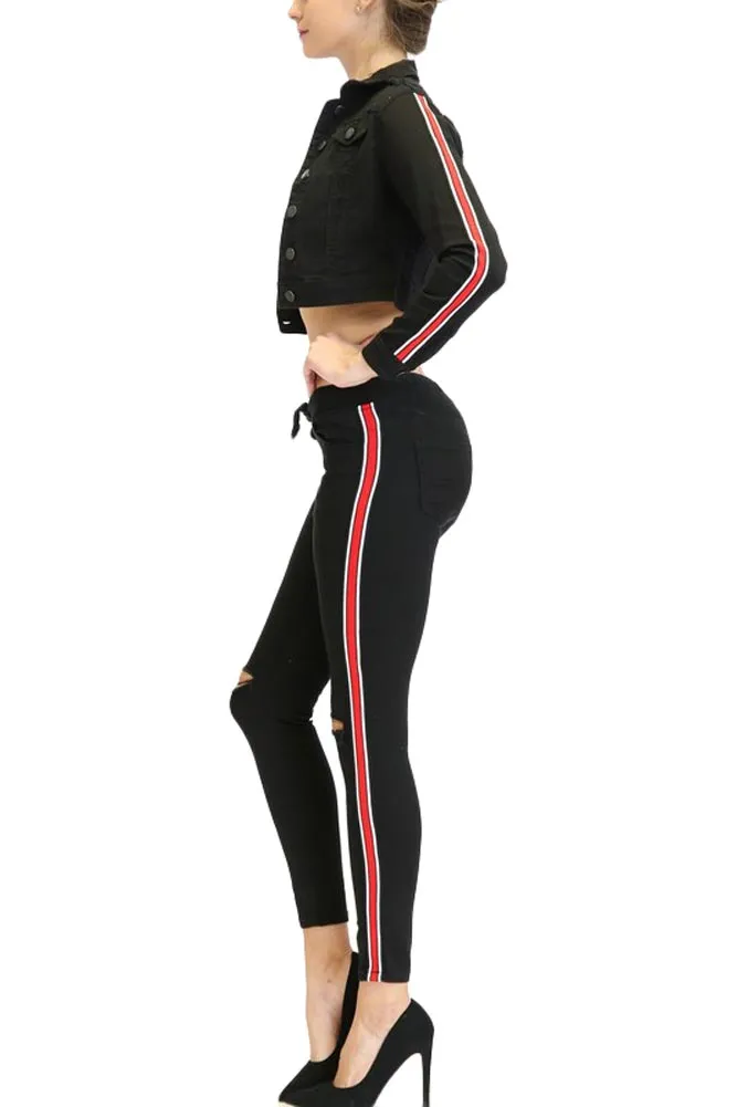 Women's Destroyed Side Striped Band Jacket and Jogger Set