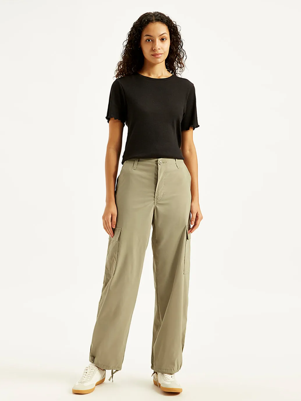 Women's Mid Rise Grey Baggy Fit Cargo Trousers