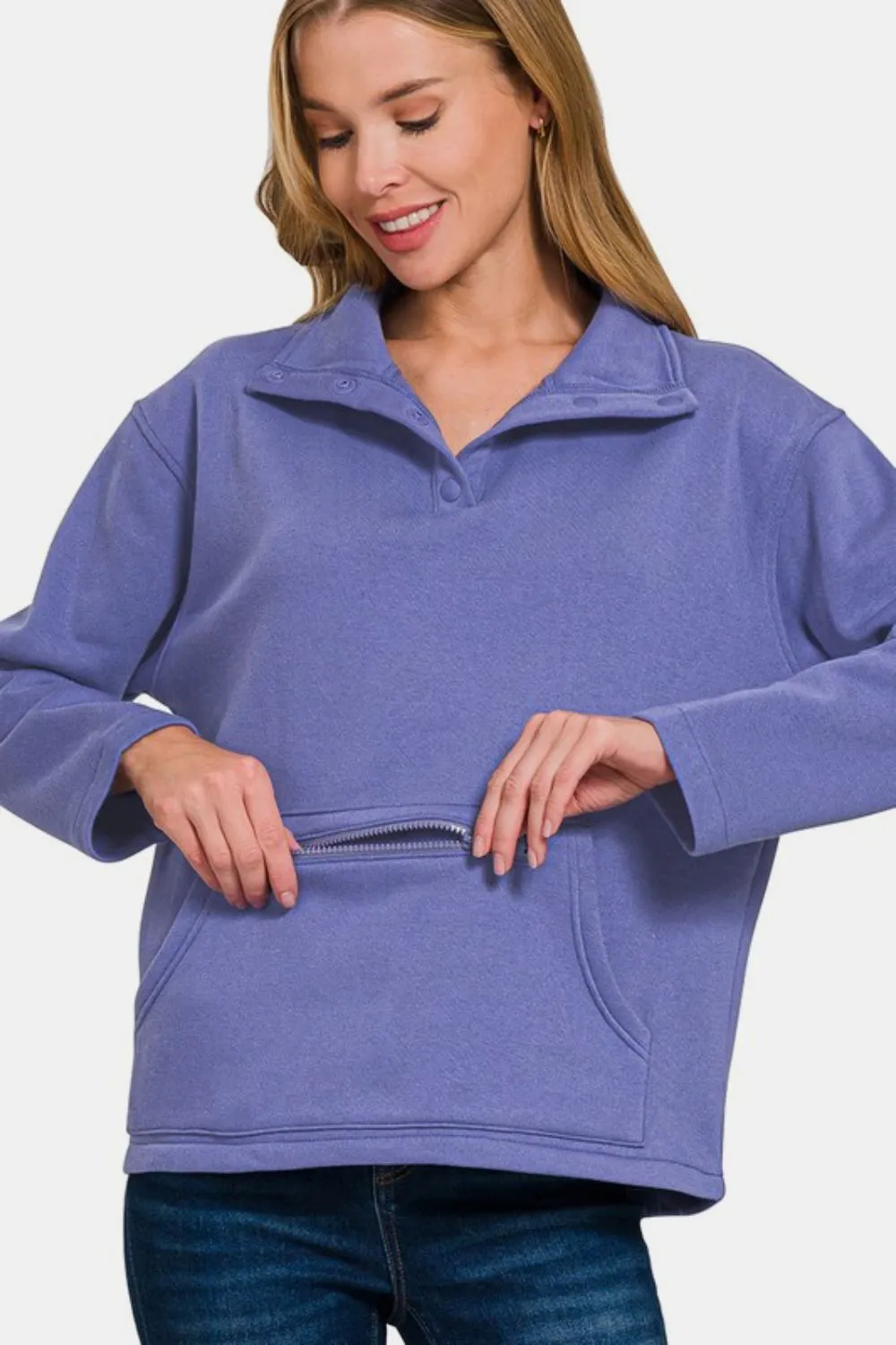 Zenana Turtleneck Half Snap Fleece Sweatshirt Blue Purple