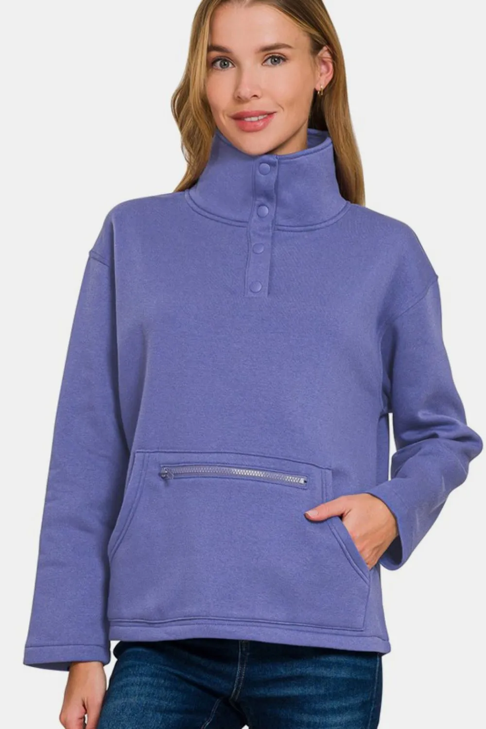 Zenana Turtleneck Half Snap Fleece Sweatshirt Blue Purple