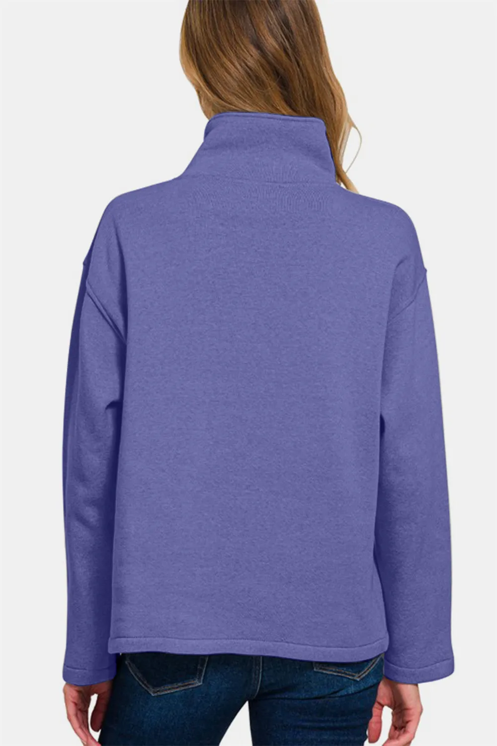 Zenana Turtleneck Half Snap Fleece Sweatshirt Blue Purple