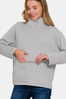 Zenana Turtleneck Half Snap Fleece Sweatshirt Gray